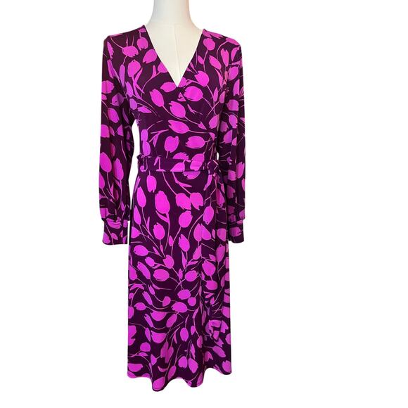 Attention Magenta Purple Leaf Print Faux Wrap Dress Long Sleeve Size 10 fuchsia - Picture 2 of 5